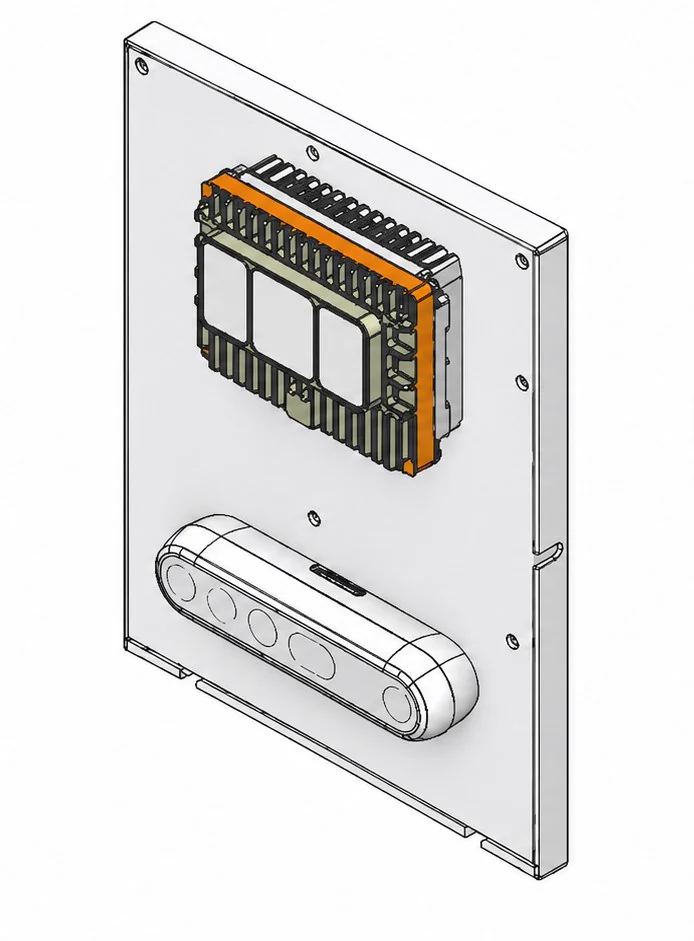 CAD render of the TruckScan sensor head, with an edge compute module and a depth camera mounted on one plate